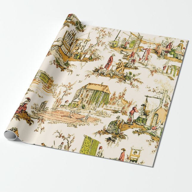 French Creme Toile Chinoiserie Rustic Decoupage Wrapping Paper (Unrolled)