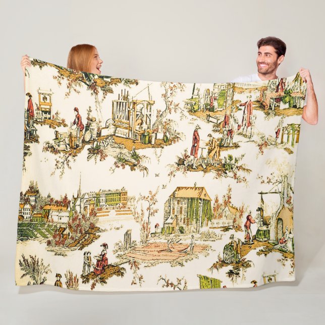 French Creme Toile Chinoiserie Style Rustic  Fleece Blanket (In Situ)