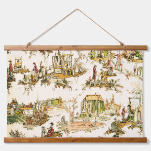 French Creme Toile Chinoiserie Style Rustic Hanging Tapestry