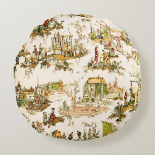 French Creme Toile Chinoiserie Style Rustic  Round Cushion