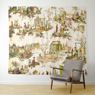 French Creme Toile Chinoiserie Style Rustic Tapestry