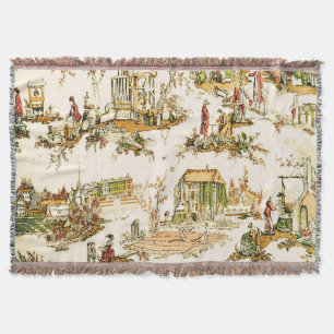 French Creme Toile Chinoiserie Style Rustic Throw Blanket