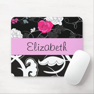 French Damask, Flowers, Black and White, Your Name Mouse Pad