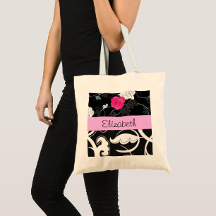 French Damask, Flowers, Black and White, Your Name Tote Bag