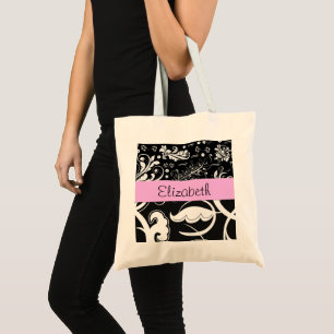 French Damask, Flowers, Black and White, Your Name Tote Bag