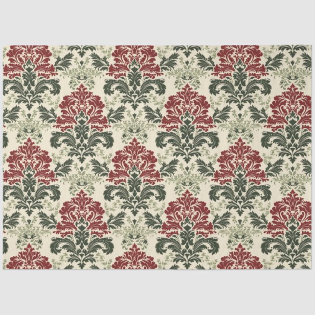 French Damask: Red & Green Christmas Tissue Paper (Front)