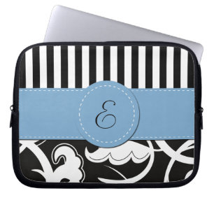 French Damask, Stripes, Black and White, Monogram Laptop Sleeve