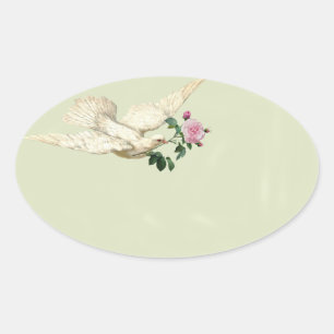 French dove with pink rose on whisper green oval sticker
