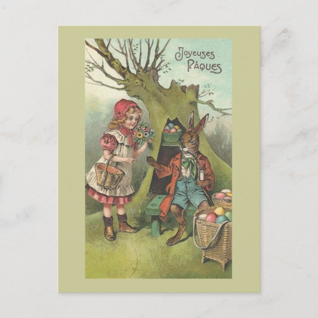 French Easter Bunny With Pipe Vintage Holiday Postcard (Front)