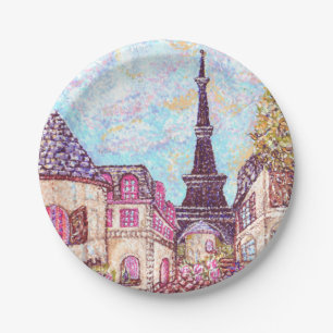 French Eiffel Tower Pointillism inspired landscape Paper Plate