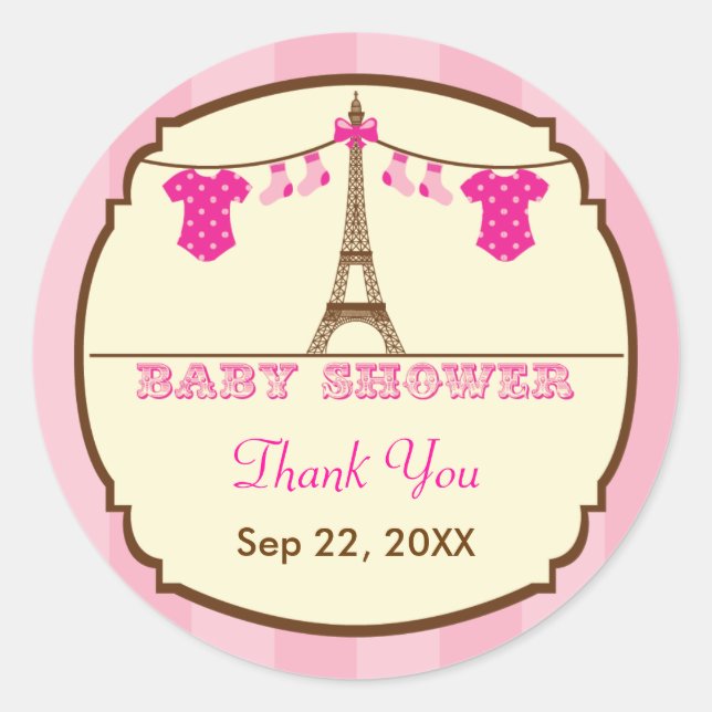 French Eiffel Tower Twin Baby Shower Favour Sticke Classic Round Sticker (Front)