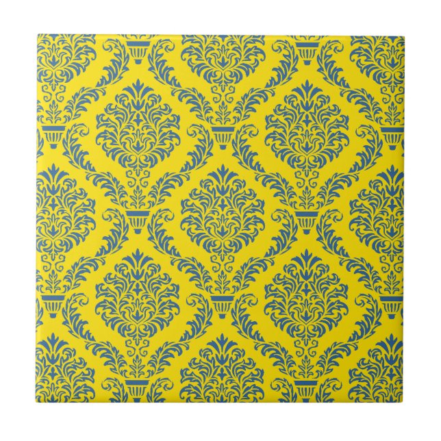 French Empire Damask in Azure Blue and Yellow Tile (Front)