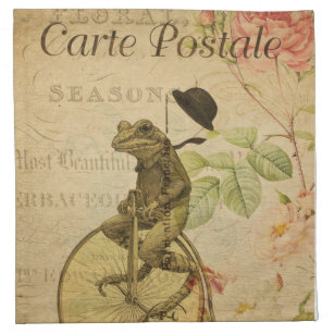 French Ephemera Frog Riding Bicycle Rose  Napkin