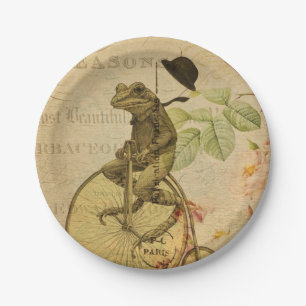 French Ephemera Frog Riding Bicycle Rose  Paper Plate