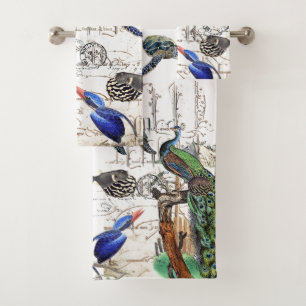 French Ephemera Peacock Turtle Kingfisher Birds Bath Towel Set