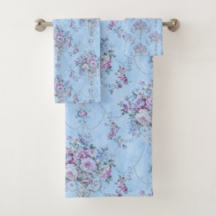 French European Blue White Victorian Style Floral  Bath Towel Set