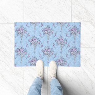 French European Blue White Victorian Style Floral  Doormat
