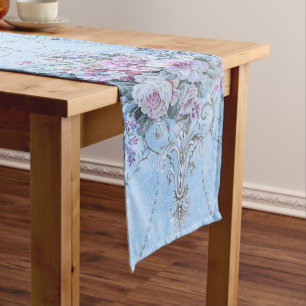 French European Blue White Victorian Style Floral  Long Table Runner