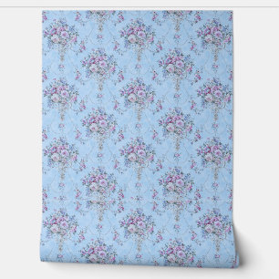 French European Blue White Victorian Style Floral  Wallpaper