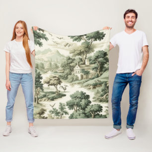 French Farmhouse Green Toile Village Pattern Fleece Blanket