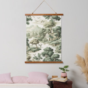 French Farmhouse Green Toile Village Pattern Hanging Tapestry