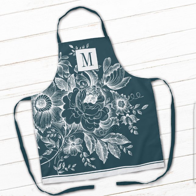 French Farmhouse Peony Monogram Dark Turquoise Apron (Creator Uploaded)