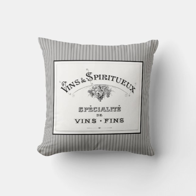 French Fine Wines Vintage Grey Pinstripe Cushion (Front)