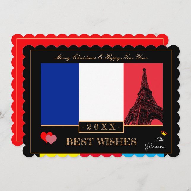 French Flag & Eiffel Happy New Year Wishes France Holiday Card (Front/Back)