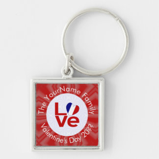 French Flag Heart LOVE Red Personalised Text Key Ring