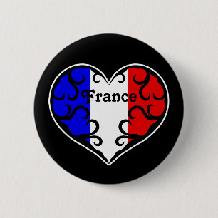 French flag heart on black 6 cm round badge