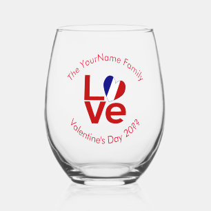 French Flag LOVE Red Personalised Text  Stemless Wine Glass