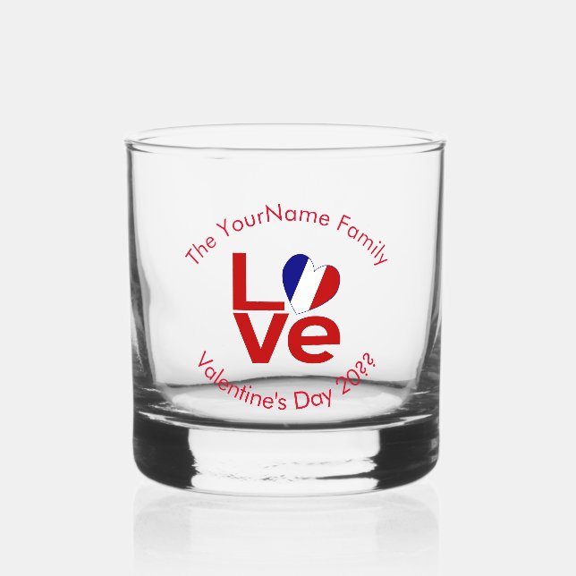 French Flag LOVE Red Personalised Text  Whiskey Glass (Front)