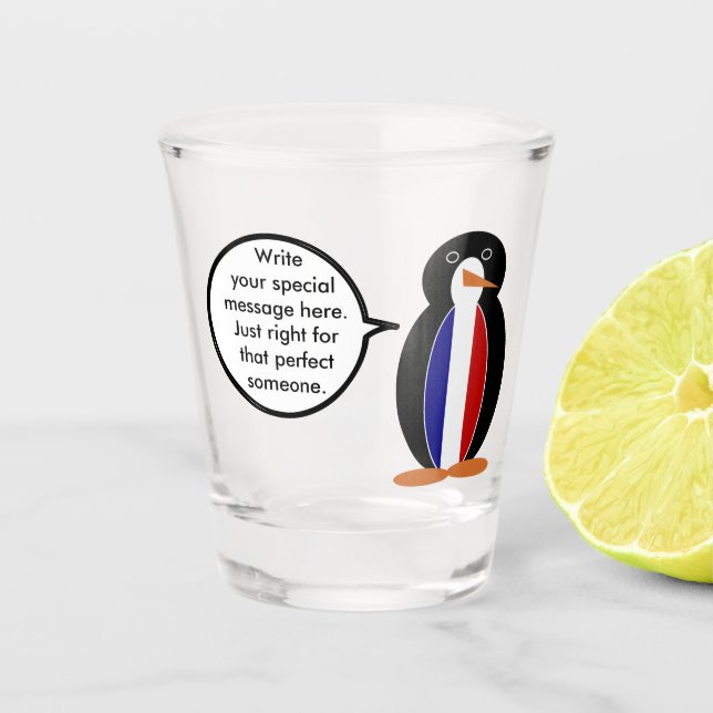 French Flag Talking Ms Penguin Personalised  Shot Glass (Front)