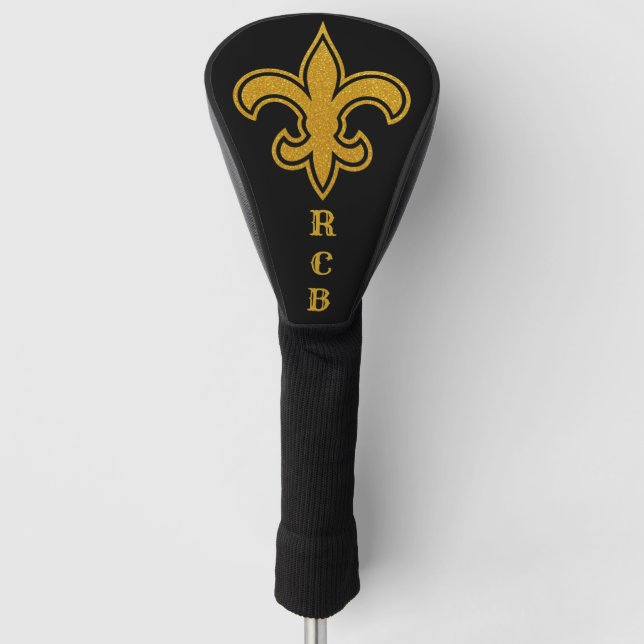 French Fleur De Lis Initials Gold and Black Driver Golf Head Cover (Front)