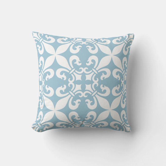 French Fleur de Lys Pattern Sky Blue Cushion (Front)