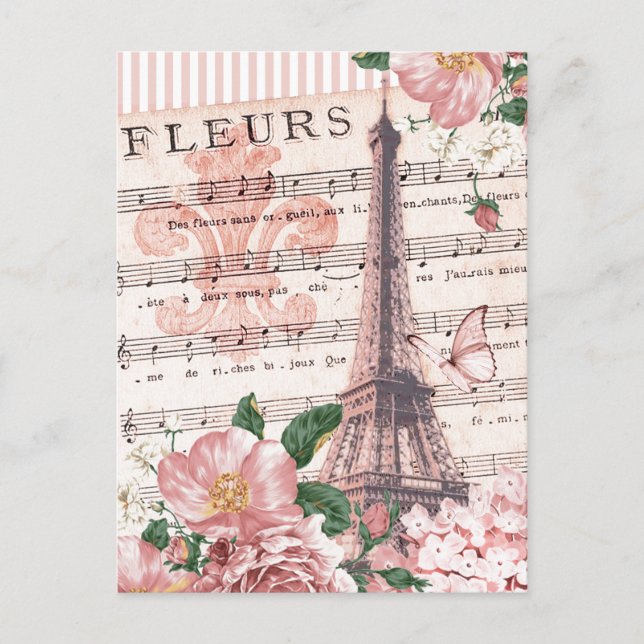 French Fleur Eiffel Tower Collage Pink Postcard (Front)