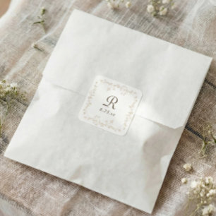 French Floral Beige Tan Vintage Monogram Wedding Square Sticker