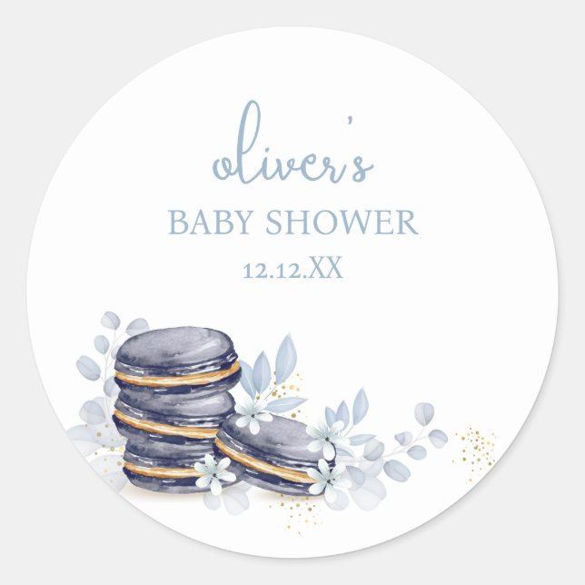 French Floral Bonjour Bébé Macaron Baby Shower Classic Round Sticker (Front)