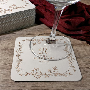 French Floral Brown Cream Vintage Monogram Wedding Square Paper Coaster