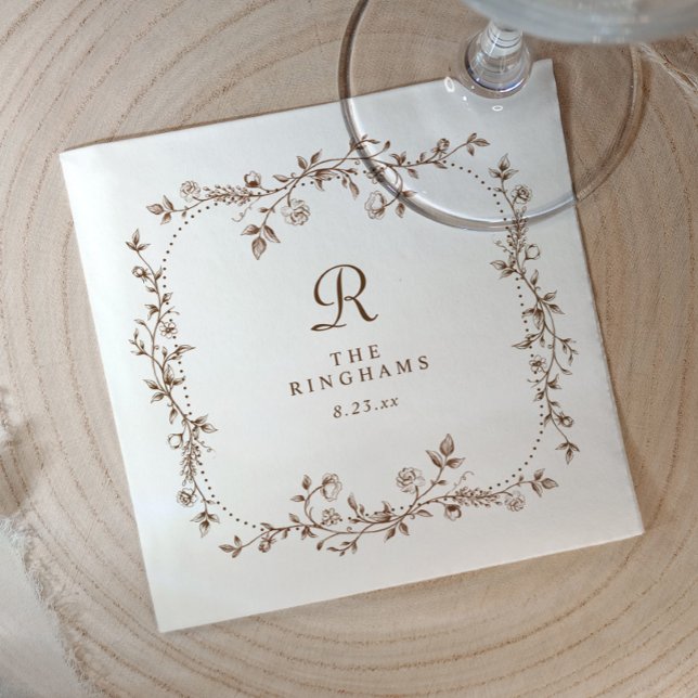 French Floral Brown Victorian Monogram Wedding Napkin (Brown wedding cocktail napkin with monogram, family name, and floral border)