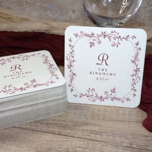 French Floral Burgundy Dark Red Monogram Wedding Square Paper Coaster