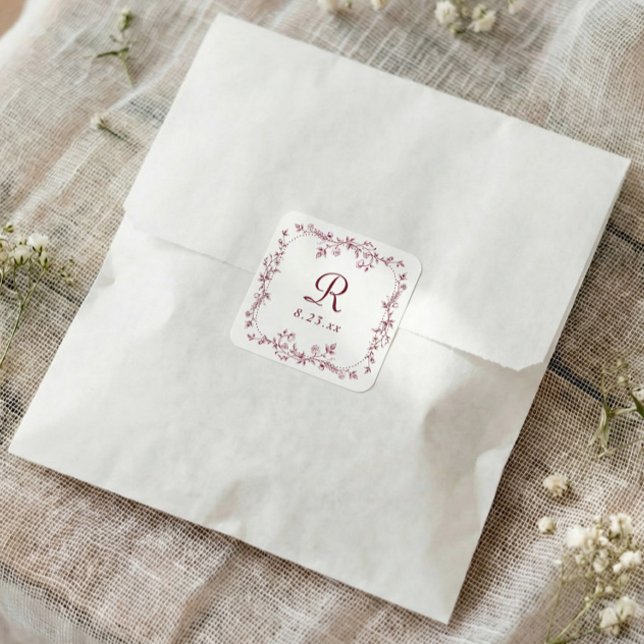 French Floral Burgundy Dark Red Monogram Wedding Square Sticker (burgundy red wedding monogram sticker with elegant floral frame)