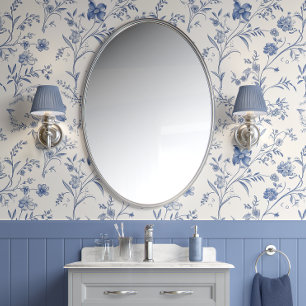 French Floral Charm - Blue and Off-White - French  Wallpaper