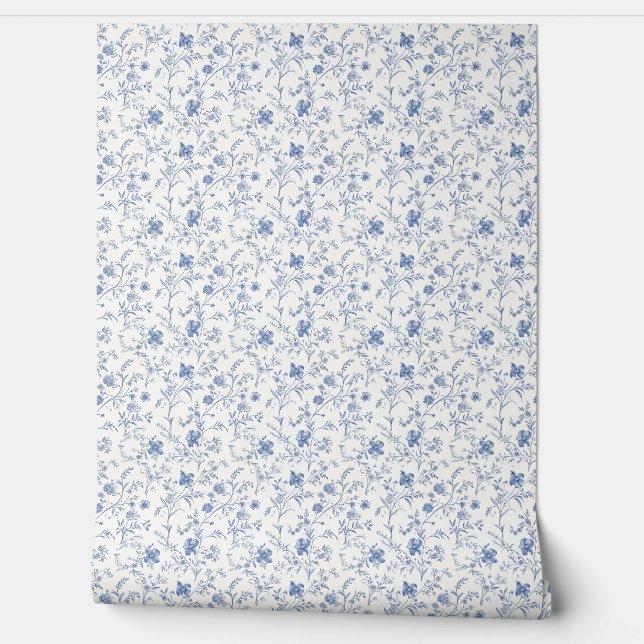 French Floral Charm Mini - Blue and Off-White Wallpaper (Unrolling)