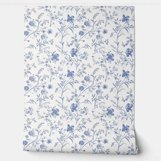 French Floral Charm Petite - Blue and Off-White Wallpaper (Unrolling)