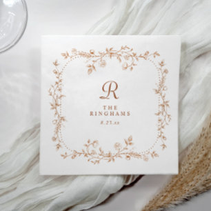 French Floral Copper Orange Monogram Wedding Napkin