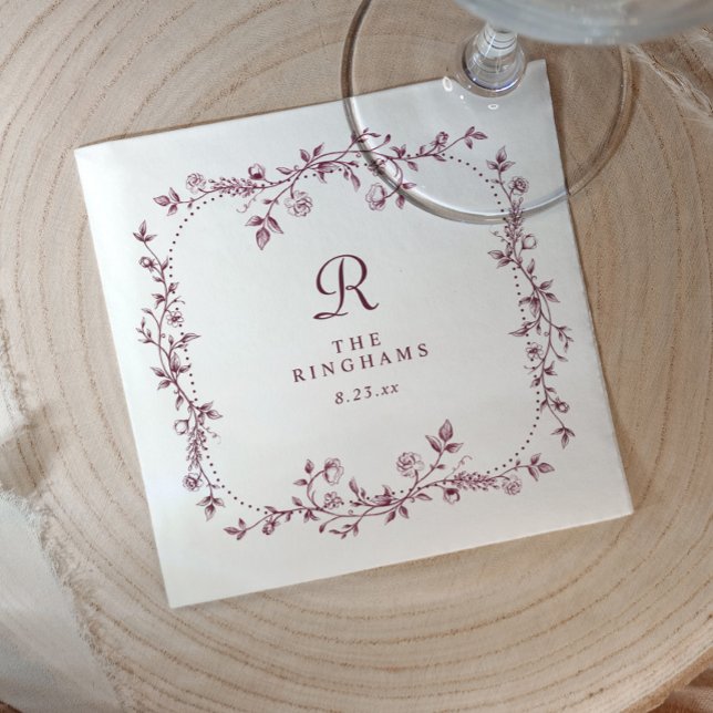 French Floral Dark Wine Red Monogram Wedding Napkin (Dark wine red wedding cocktail napkin with floral frame and monogram)