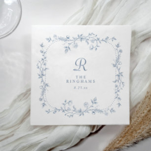 French Floral Dusty Blue Vintage Monogram Wedding Napkin