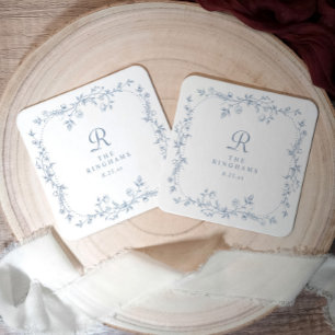 French Floral Dusty Blue Vintage Monogram Wedding Square Paper Coaster