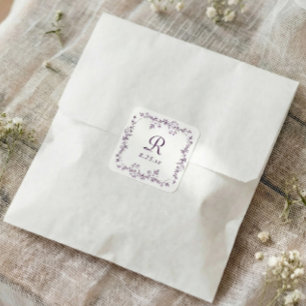 French Floral Eggplant Purple Monogram Wedding Square Sticker